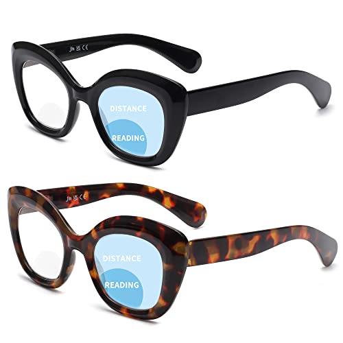 JM 2 Pack Ojo de Gato Bifocal Gafas de Lectura Para Mujeres, Gafas Presbicia con Bloqueo a Luz Azul Bisagra de Muelle, Negro & Tortuga +2.5