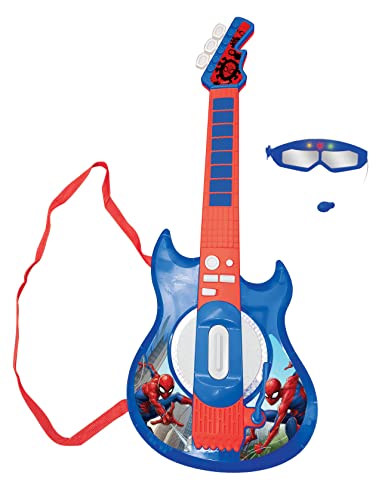 LEXIBOOK- Marvel Spider-Man Guitarra electrónica Luminosa, Gafas con micrófono, melodías Incluidas, Enchufe para MP3, Azul/Rojo