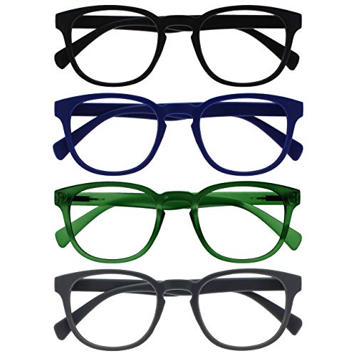 OPULIZE Pop Gafas de Lectura Pack de 4 Redondas Negro, Azul, Verde Musgo y Gris Mate Satinado Bisagras con Muelle Resistentes a los Arañazos Hombre Mujer RRRR2-1367 +2.50
