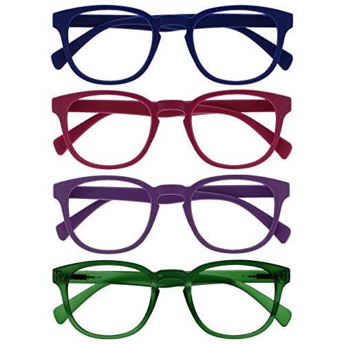 OPULIZE Pop Gafas de Lectura Pack de 4 Redondas Azul, Rosa Fucsia, Violeta y Verde Musgo Mate Satinado Bisagras con Muelle Resistentes a los Arañazos Hombre Mujer RRRR2-3456 +1.50